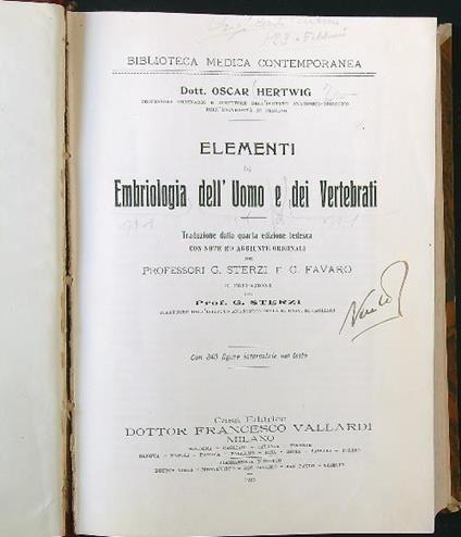 Elementi di embriologia dell'uomo e dei vertebrati - Oscar Hertwig - copertina