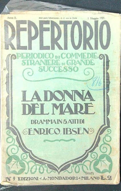 Repertorio n. 9/1 maggio 1921: La donna del mare. Dramma in 5 atti - Enrico Ibsen - copertina
