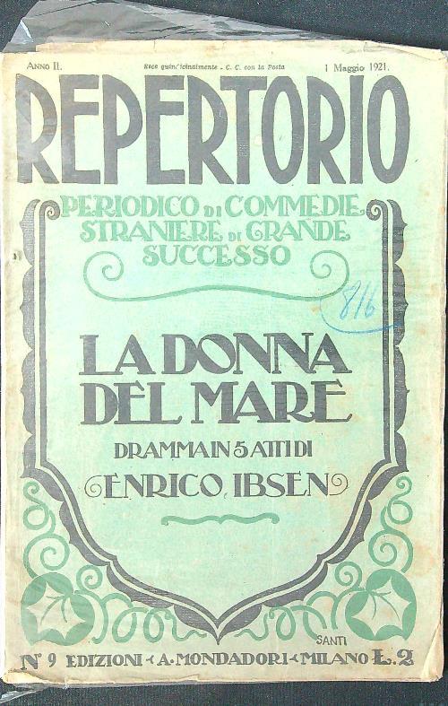 Repertorio n. 9/1 maggio 1921: La donna del mare. Dramma in 5 atti - Enrico Ibsen - copertina