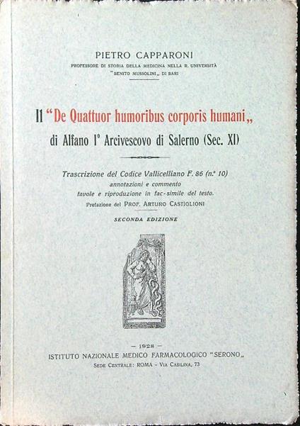 Il De Quattuor humoribus corporis humani di Alfano I Arcivescovo di Salerno - Pietro Capparoni - copertina