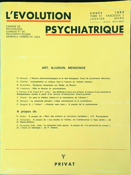 L' Evolution Psychiatrique  1986 Tome 51 fasc 1 Janvier-Mars - copertina