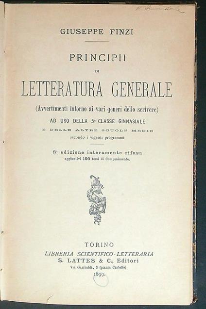 Principii di letteratura generale - Giuseppe Finzi - copertina