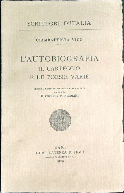 L' autobiografia il carteggio e le poesie varie   - Giambattista Vico - copertina