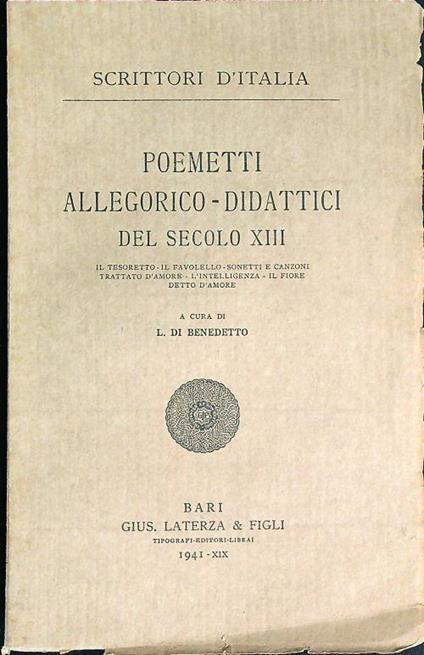 Poemetti allegorico-didattici del secolo XIII  - L. Di Benedetto - copertina