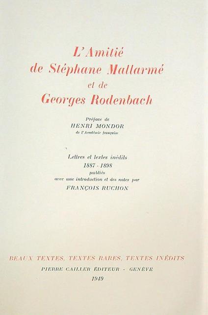 L' Amitiè de Stephane Mallarmè et de Georges Rodenbach  - copertina