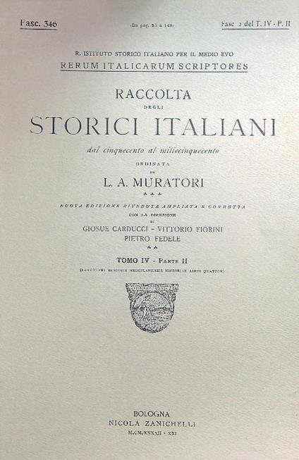 Rerum Italicarum scriptores Raccolta Degli Storici Italiani Tomo IV - Parte II - L.A. Muratori - copertina