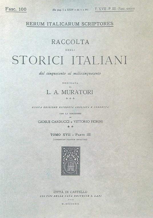 Chronicon Parvum Ripaltae Fasc 100 - L.A. Muratori - copertina