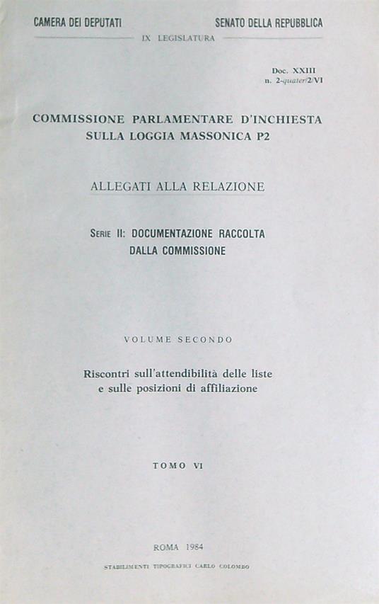 Commissione parlamentare d'inchiesta sulla loggia  P2 Serie 2 Vol 2 t VI - copertina