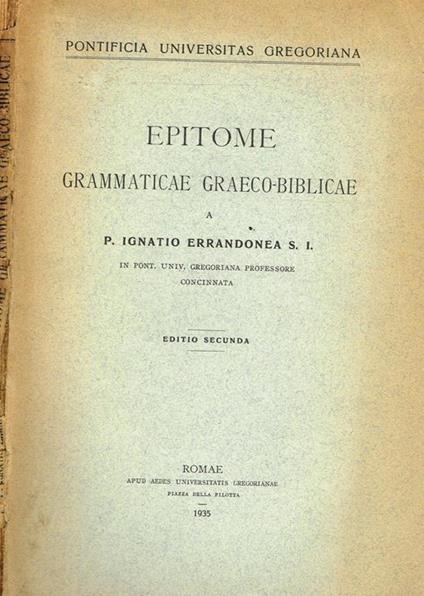 Epitome Grammaticae Graeco Biblicae - Ignazio Errandonea - copertina