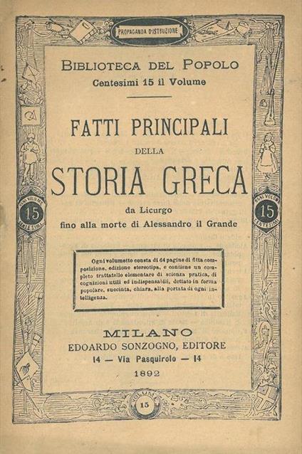 Fatti principali della storia greca. Da Licurgo fino alla morte di Alessandro il grande - copertina