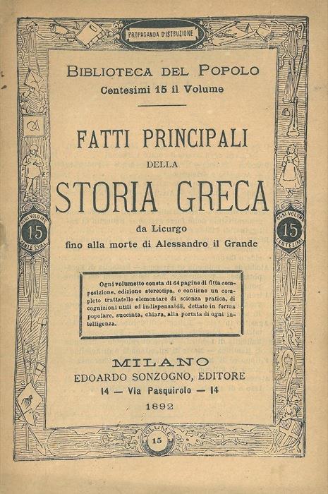 Fatti principali della storia greca. Da Licurgo fino alla morte di Alessandro il grande - copertina