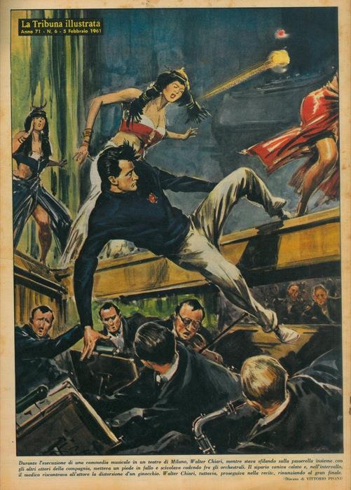 Durante l'esecuzione di una commedia musicale in un teatro di Milano, Walter Chiari, mentre stava sfilando sulla passerella insieme con gli altri attori della compagnia, metteva un piede in fallo e scivolava cadendo fra gli orchestrali - Vittore Pisani - copertina