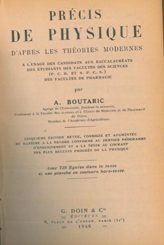 Précis de physique d'apres les théories modernes - Augustin Boutaric - copertina