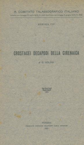 Crostacei Decapodi della Cirenaica - Giuseppe Colosi - copertina