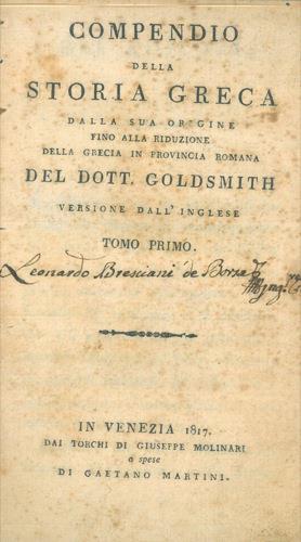 Compendio della storia greca dalla sua origine fino alla riduzione della Grecia in Provincia romana - Olivia Goldsmith - copertina