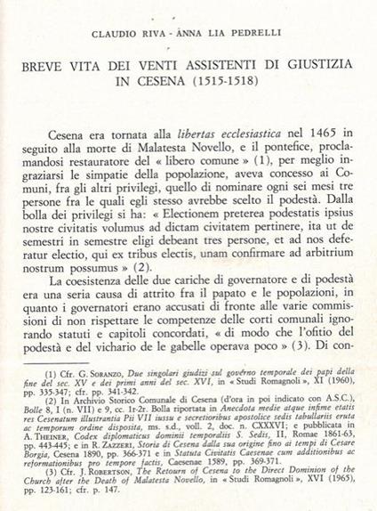 Breve vita dei Venti Assistenti di Giustizia in Cesena (1515-1518) - copertina