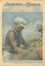 Copertina La Domenica del Corriere. Il Duce a torso nudo trebbia il grano dell'Agro Pontino