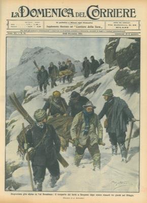 Copertina La Domenica del Corriere. Disgraziata gita alpina in Val Brembana: trasporto dei feriti a Bergamo - copertina