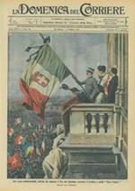 Copertina La Domenica del Corriere. Il Re, dal Quirinale, sventola il tricolore e grida 