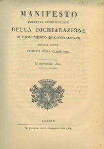 Documento con cui si dichiara che il distretto di Torino ha dato all' esercito tutti i militari dovuti per la leva 1799 - copertina