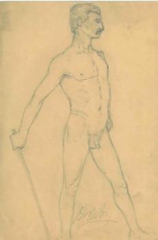 Nudo maschile a figura intera con bastone, a gambe aperte - copertina