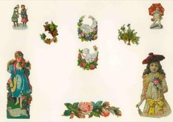 Cromo 'vittoriane' : adolescente con cappello e rosa, dama che odora mazzo di rose, colombi. serti di fiori. ramo di rose, figurine di bambini ed un uomo con ombrello aperto - copertina