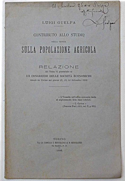 Contributo allo studio della teoria sulla popolazione agricola. Prima edizione. Copia autografata - Luigi Guelpa - copertina