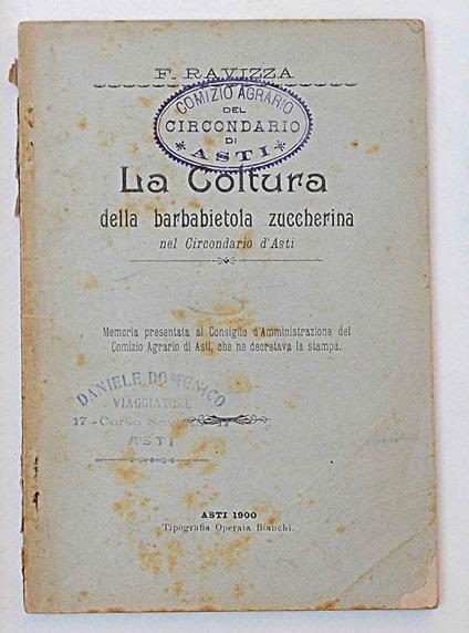 La coltura della barbabietola zuccherina nel circondario d'Asti - F. Ravizza - copertina
