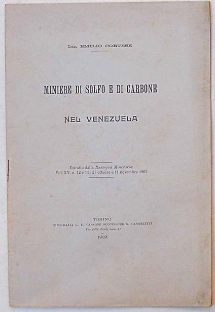 Miniere di solfo e di carbone nel Venezuela - Emilio Cortese - copertina