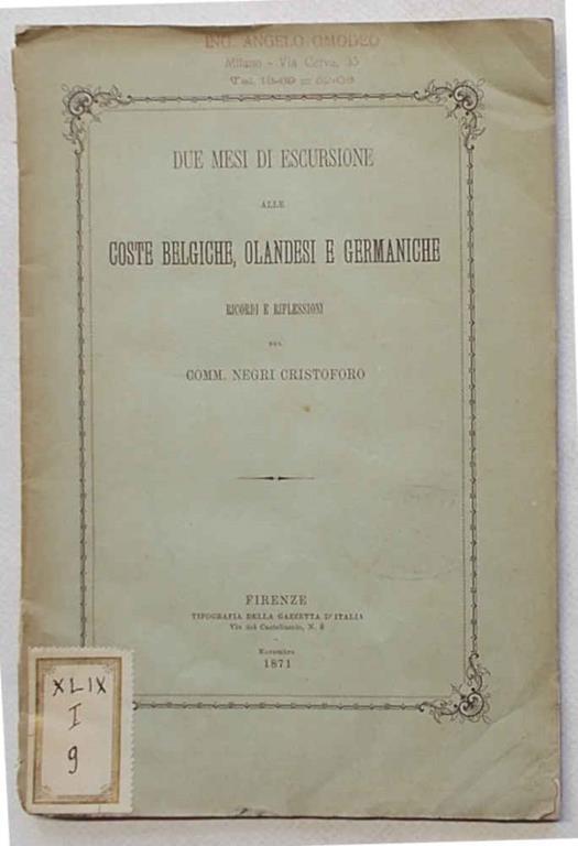 Due mesi di escursione alle coste belgiche, olandesi e germaniche - Cristoforo Negri - copertina