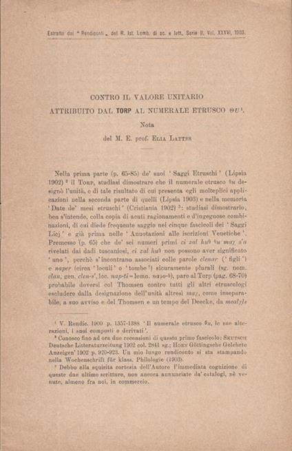 Contro il valore unitario attribuito dal torp al numerale etrusco ou - Elia Lattes - copertina