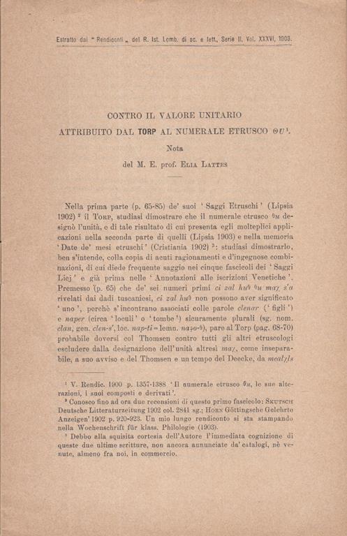 Contro il valore unitario attribuito dal torp al numerale etrusco ou - Elia Lattes - copertina