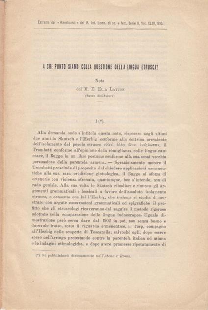 A che punto siamo sulla questione della lingua etrusca? nota di m.e. elia lattes - Elia Lattes - copertina