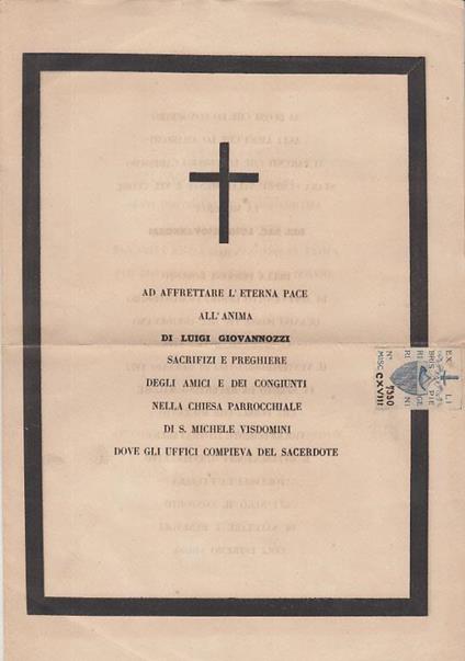Ad affrettare l'eterna pace all'anima di luigi giovannozzi sacrifizi e preghiere degli amici e dei congiunti nella chiesa parrocchiale di s. michele visdomini dove gli uffici compieva del sacerdote - copertina