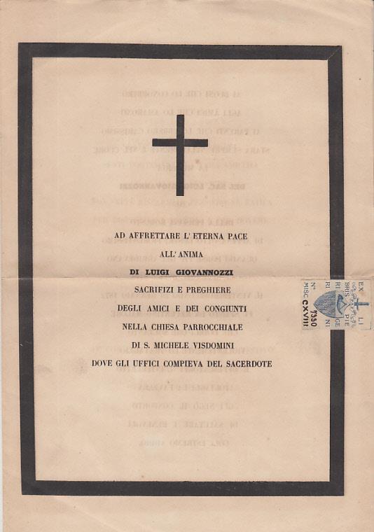 Ad affrettare l'eterna pace all'anima di luigi giovannozzi sacrifizi e preghiere degli amici e dei congiunti nella chiesa parrocchiale di s. michele visdomini dove gli uffici compieva del sacerdote - copertina