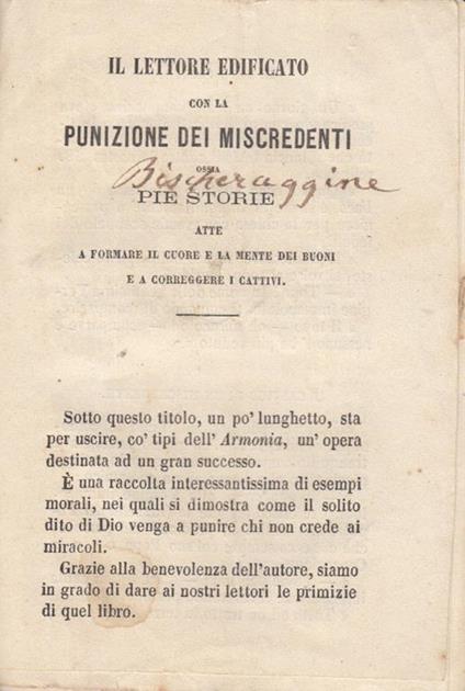 Il lettore edificato con la punizione dei miscredenti ossia pie storie atte a formare il cuore e la mente dei buoni e a correggere i cattivi - copertina