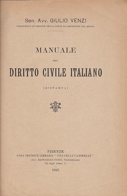 Manuale del diritto civile italiano (ristampa) - Giulio Venzi - copertina