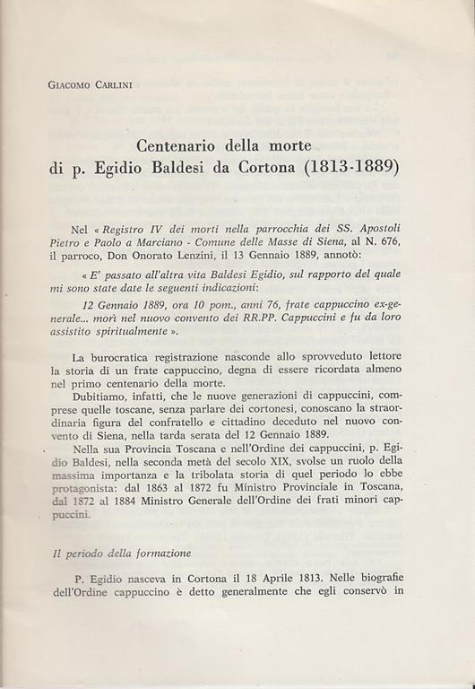 Centenario della morte di p. Egidio Baldesi da Cortona (1813-1889) - Giacomo Carlini - copertina