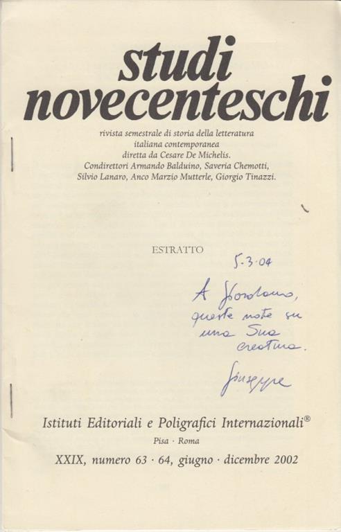 Carlo Mazzantini e l'espressioni dell'altra memoria. Estratto da Studi Novecenteschi - Giuseppe Iannaccone - copertina