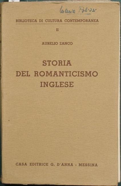 Storia del Romanticismo inglese - Aurelio Zanco - copertina