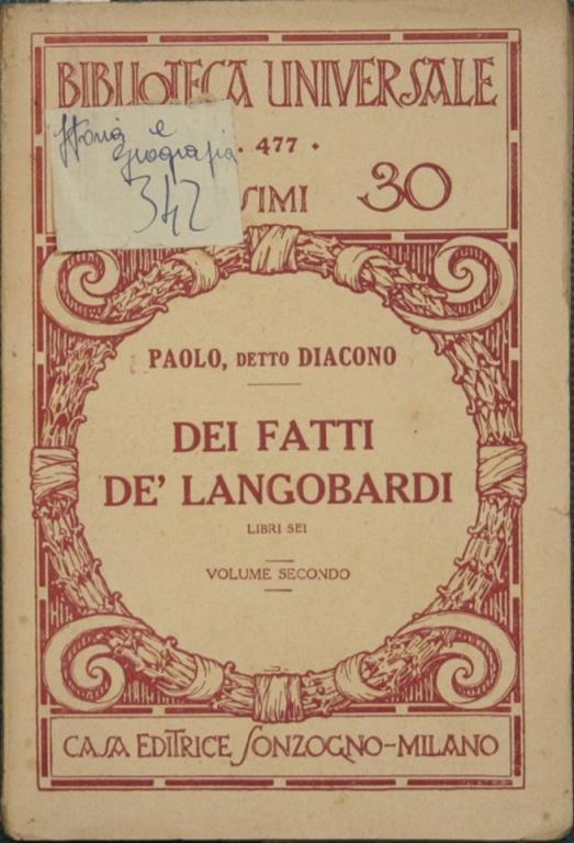 Dei fatti dè Longobardi. Vol. II - copertina