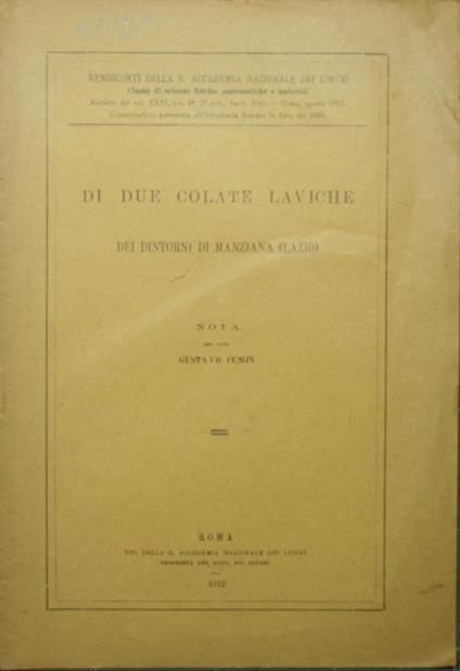 Di due colate laviche dei dintorni di Manziana (Lazio) - Gustavo Cumin - copertina