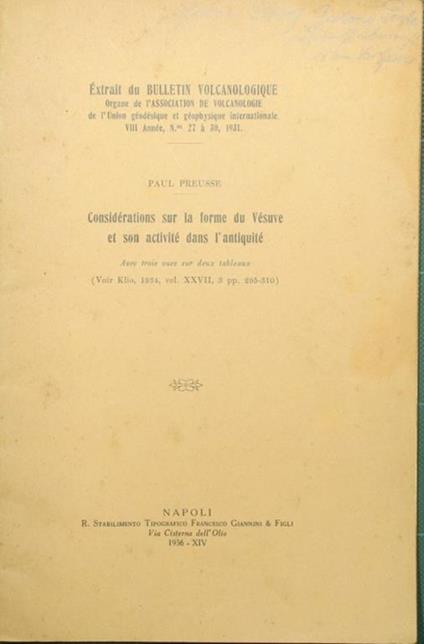 Considerations sur la forme du Vesuve et son activité dans l'antiquité - Paul Preusse - copertina