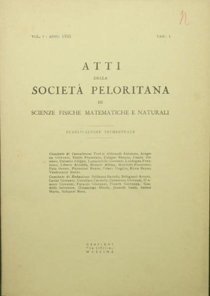 Atti della Società Peloritana di Scienze fisiche matematiche e naturali. Vol. I - Anno 1955, fasc. I - copertina
