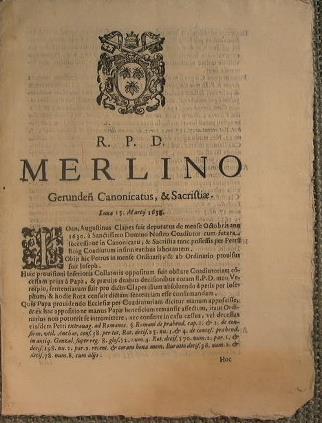 R. P. D. Merlino Gerunden Canonicatus, & Sacristiae. Lunae 15 Marty 1638 - copertina
