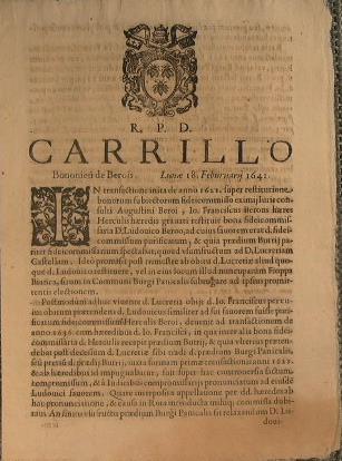 R. P. D. Carrillo, Bononein De Berois - Lunae 18. Feburuary 1641 - copertina