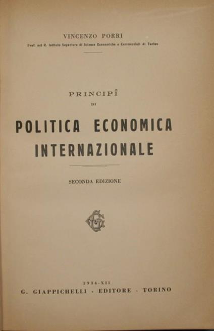 Principi di politica economica internazionale - Vincenzo Porri - copertina