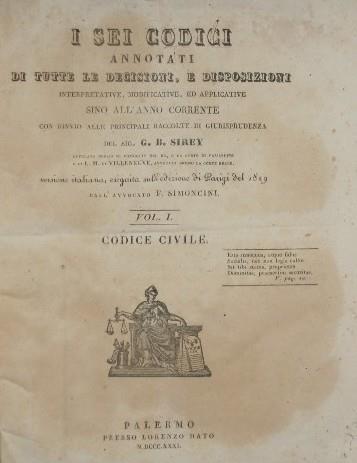 I Sei codici annotati. Vol. I Codice civile. Di tutte le decisioni, e disposizioni interpretative, modificative ed applicative sino all'anno corrente con rinvio alle principali raccolte di giurisprudenza - G. B. Sirey - copertina