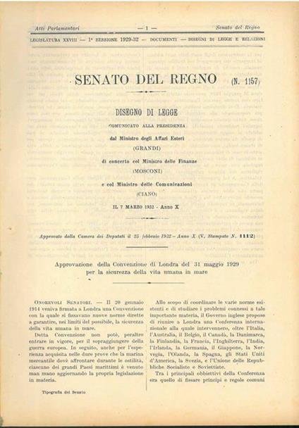 Approvazione della Convenzione di Londra del 31 Maggio 1929 per la sicurezza della vita umana in mare - copertina