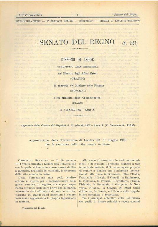 Approvazione della Convenzione di Londra del 31 Maggio 1929 per la sicurezza della vita umana in mare - copertina